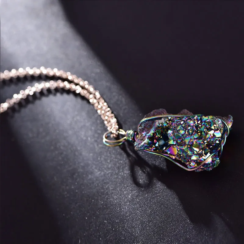 Радужное покрытие металлическое сырье самородки минеральный кристалл натуральный кварц ожерелья ручной обертывание камень колье с подвеской из кварца для женщин
