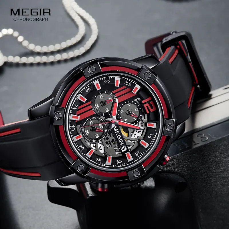 Billige Megir männer Sport Quarz Uhren Armee Military Chronograph Armbanduhr für Mann Leuchtende Relogios Masculino Uhr 2097 Schwarz Rot