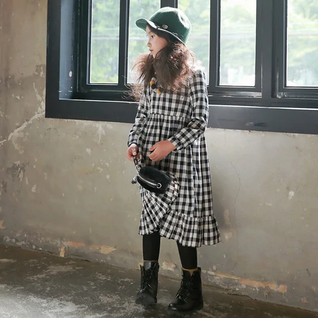

Plaid Dresses For Children Girls Long style Loose Kids Dresses Spring Autumn Long sleeve Baby Dress Bottoming Dress girls