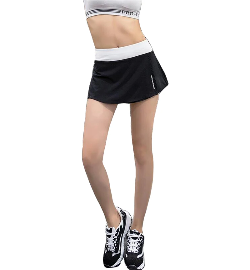 Image Women Gym Yoga Fitness Pantskirt Running Skirt Slim Tennis Pantskirt High Waist Sports Short Dress with Pockets Black