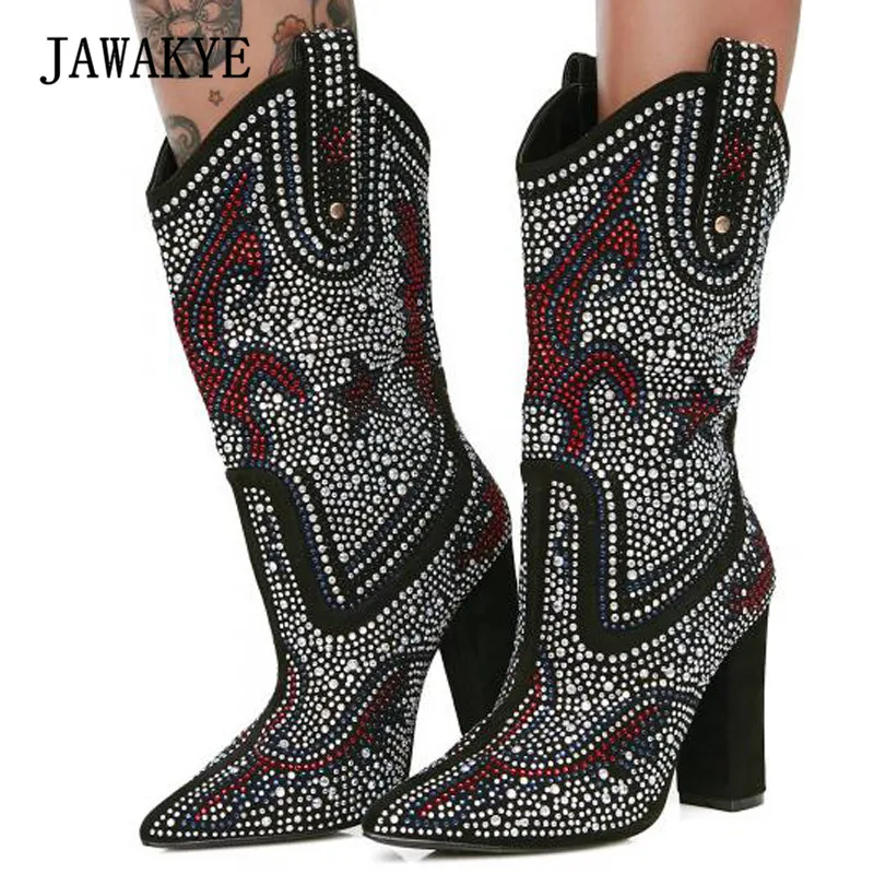

2019 Rhinestone Ankle Boots Women Pointed Toe Diamond Crystal Flower High Heel Boots Women Cowboy Boots For Women