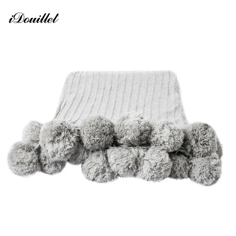 

iDouillet 100% Cotton Cable Knit Throw Blanket with Pompoms Fringes Large Sweater Blankets for Sofa Couch Bed Travel Twin Size