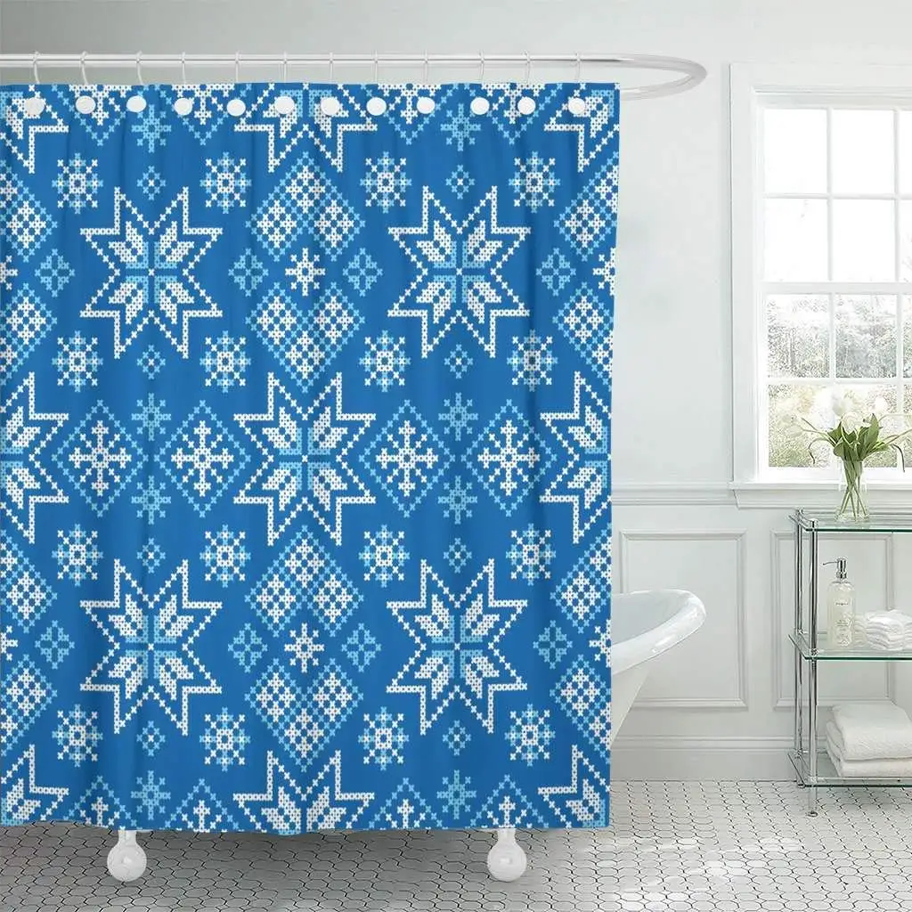 Shower Curtain Blue Scandinavian Nordic Christmas Pattern Knit Snow Stitch Winter Craft Cross