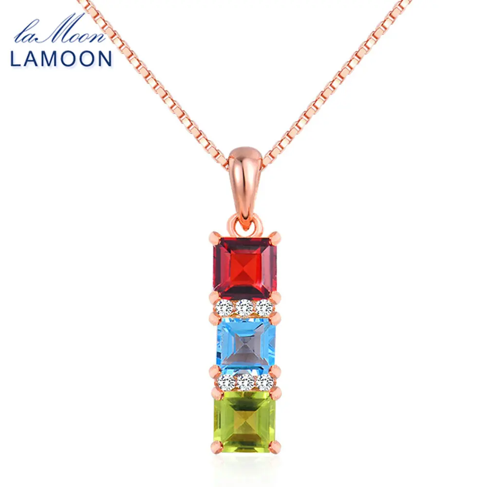 

LAMOON Fashion Necklaces 4mm Natural Green Peridot Bule Topaz Red Garnet 925 Sterling Silver Jewelry Chain Long Pendant Necklace