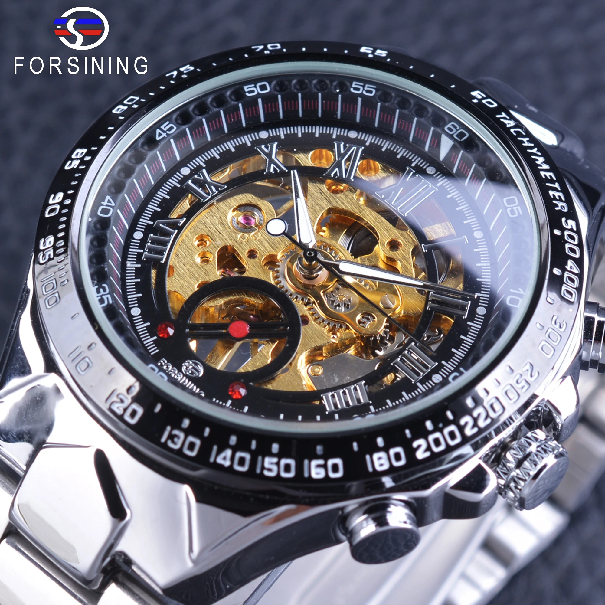 Forsining Openwork Wristwatch Golden Racing Sport Waterproof Watches Men's Mechanical Hand Wind Watch Silver Stainless Steel