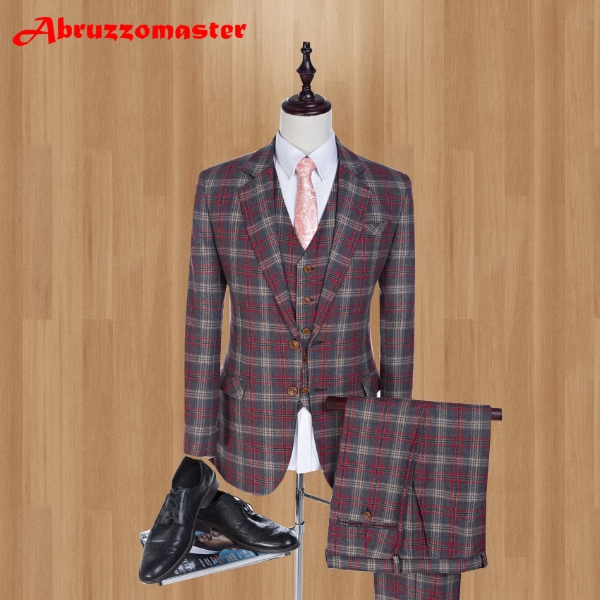 

Brand Tailored Slim Fit Men Suits Red Damier Wedding Suits For Best Men 2019 Fashion Smart Casual Men Tuxedos (jacket+Vest+Pant)
