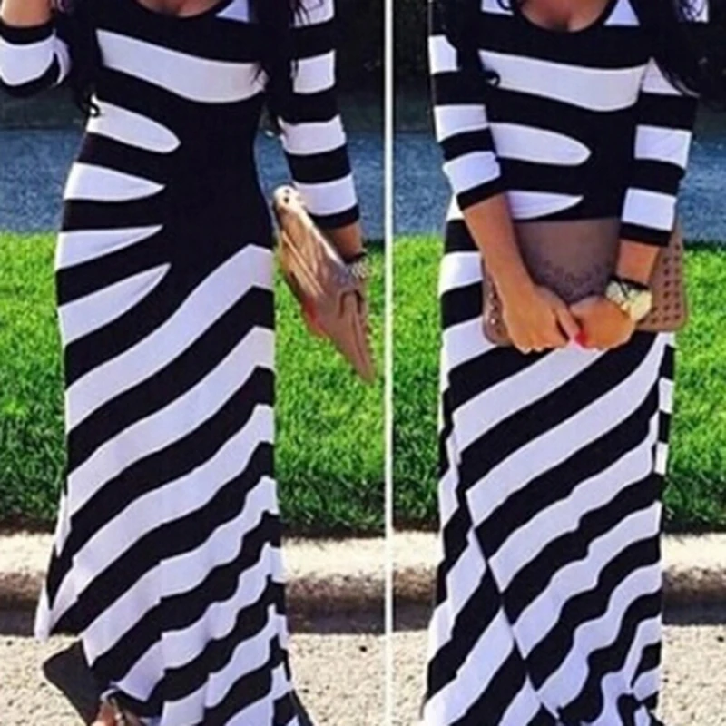 جديد النساء مخطط اللباس تمتد الشاطئ حزب طويل كامل ماكسي ثلاثة الأكمام الربع شريط ضمادة اللباس زائد الحجم Vestidos فيرانو