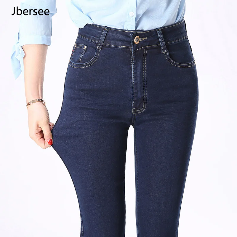 Elastic Straight Mom Jeans Woman for 4 Season High Waist Jeans Plus Size Long Denim Pants Dark Blue Slim Women Long Trousers