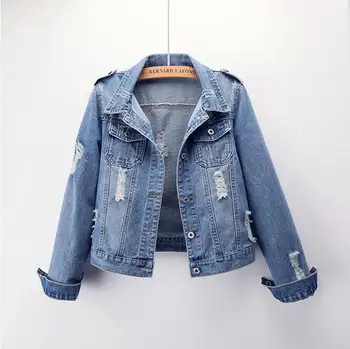 

Denim jacket female spring and autumn new short jacket hole denim jeans coat large size student jacket