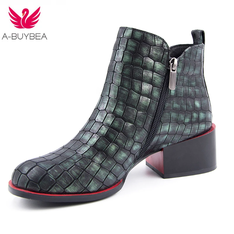 

A-BUYBEA women ankle boots genuine leather 2018 Women's Shoes sexy square toe thick high heel embossed fashion Zipper shoes