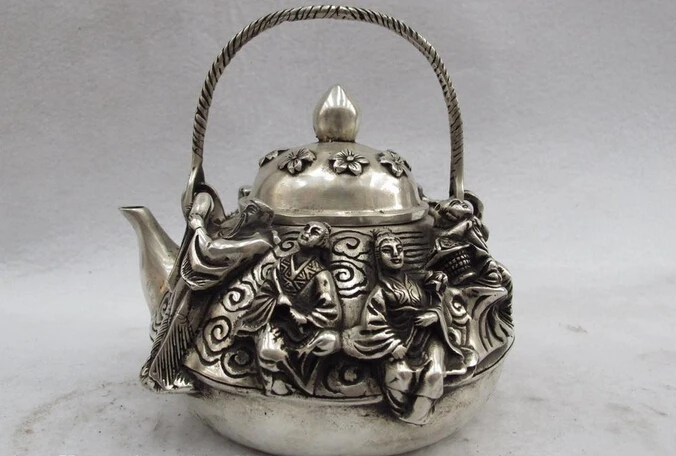 

Collectible bronze lion statue S0688 5 Chinese Folk White Copper Bronze Silver Eight Immortals Teapot Flagon wine pot