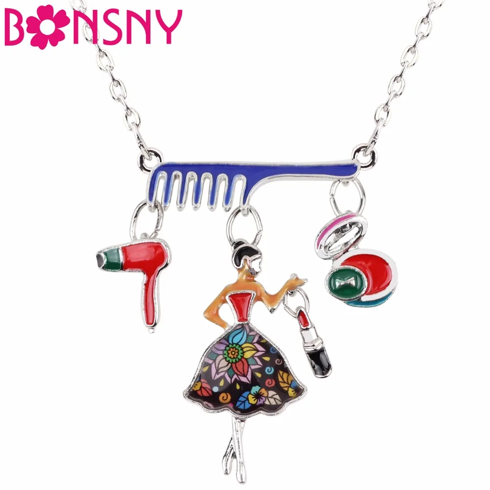 

Bonsny Statement Comb Hair Dryer Cosmetic Mirror Make Up Lipstick Girl Necklace Pendant Enamel Chain Fashion Jewelry For Women
