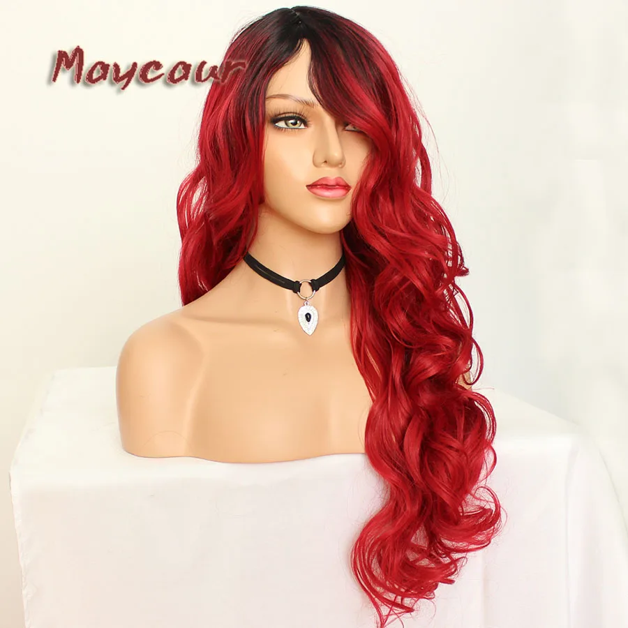 Maycaur Glueless Black Long Wavy Wig with Side Bangs Synthetic Hair Wigs for Women Heat Resistant Fiber Hair Wigs (14)