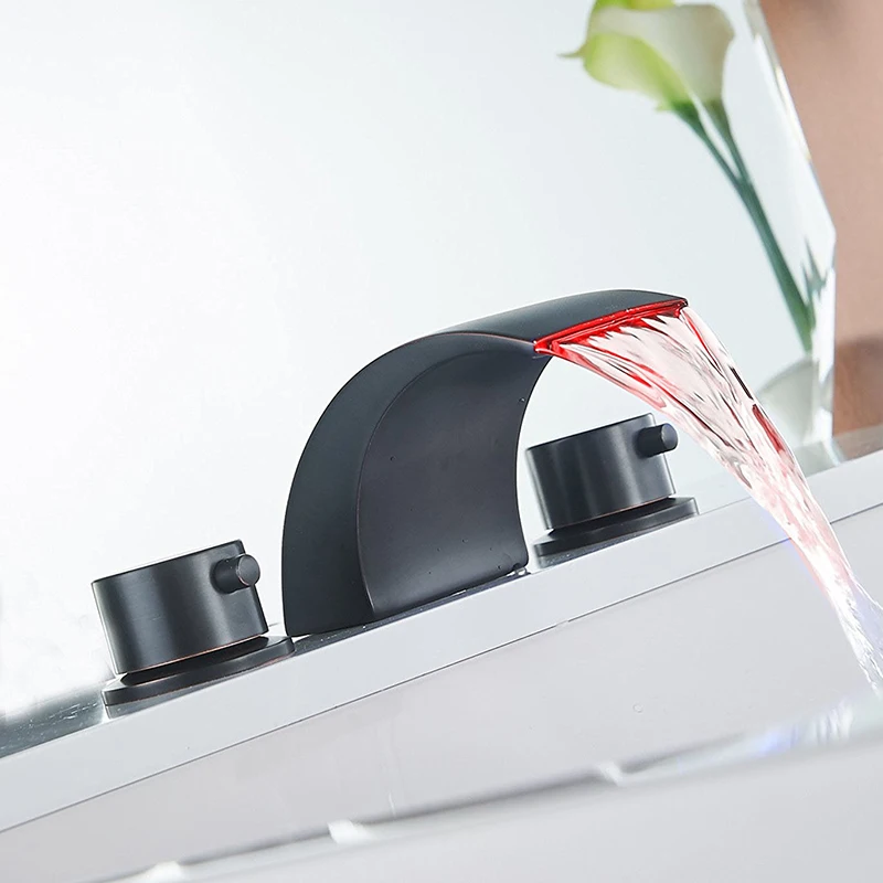 

Black Brozne LED Light Waterfall Basin Faucet Widespread Tub Sink Mixer Taps Washing Basin Mixer Tap Dual Handle Hot Cold Tap
