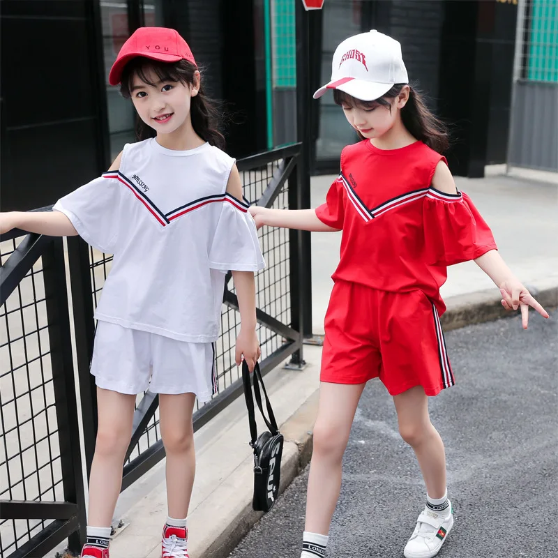

Kids Summer Sets Navy Wind School Uniform V-neck Girls Two-piece Student Short Sleeve + Shorts Cotton Sports White/Red Suit