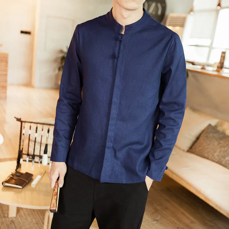 Новые льняные мужские рубашки Осень Плюс XXXL льняные рубашки с длинным рукавом льняные хлопковые мужские рубашки однотонные ретро рубашки с круглым вырезом размер M-5XL - Цвет: Тёмно-синий