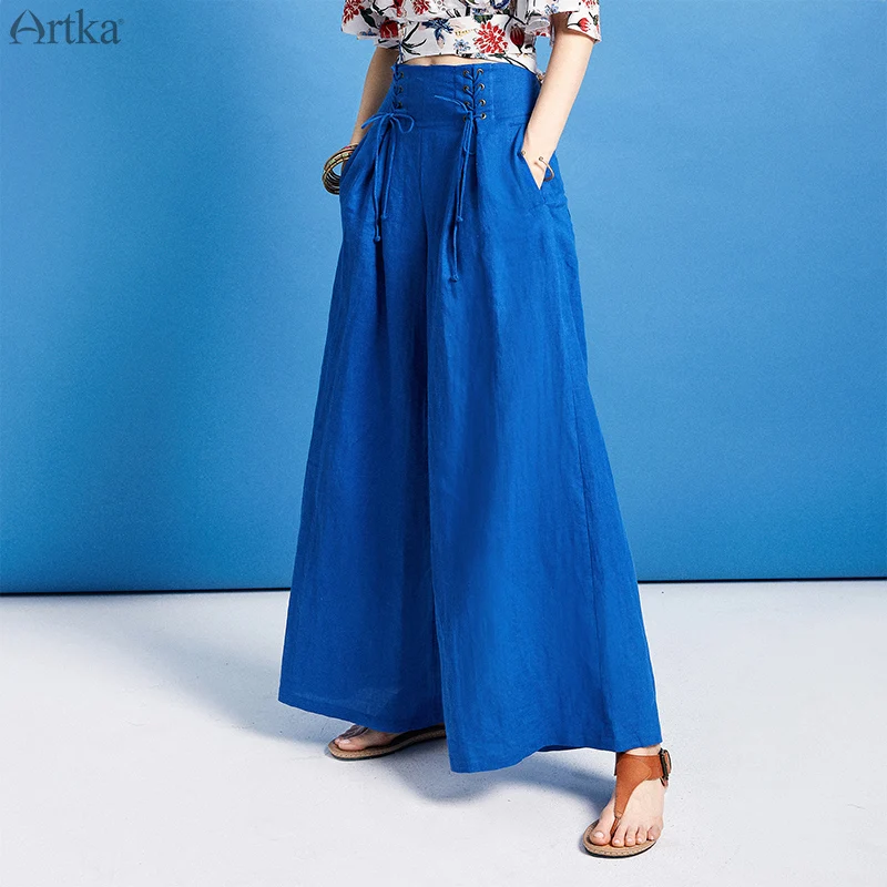

ARTKA 2019 Spring Women's Pants High Waist Wide Leg Pants For Women Solid Color Casual Sashes Long Female Pants KA10395X