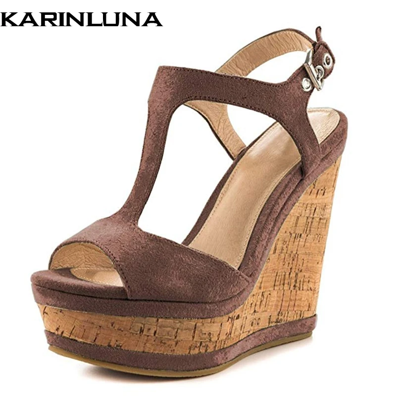 

Karinluna 2019 plus size 43 brand design t-strap sandals peep toe party Shoes Woman wedge high heels platform women sandals