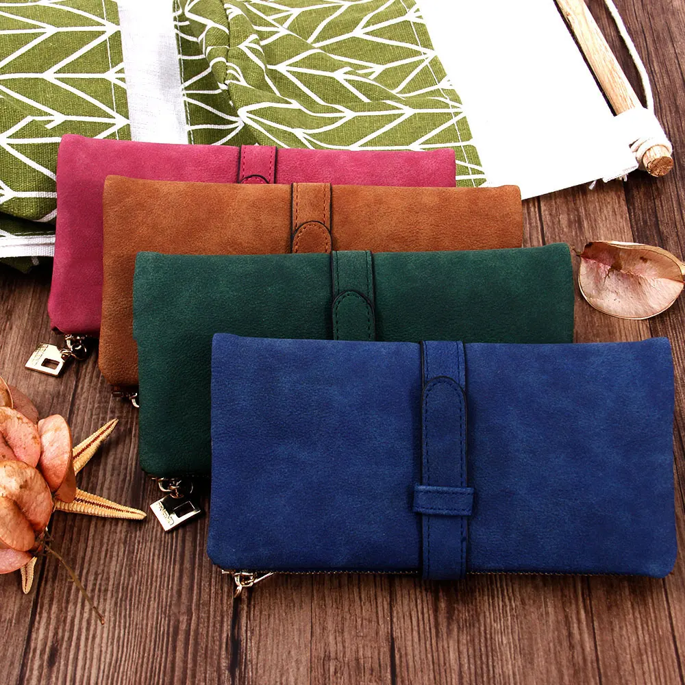 

2018 New Fashion Women Wallets Drawstring Nubuck Leather Zipper Wallet Women's Long Design Purse Two Fold More Color Clutch