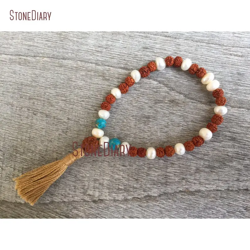 20180312-BM11047-Freshwater Pearl & Rudraksha 36 Bead Third Mala Bracelet mosaic turquoise natural japa mantra meditation prayer beads_1