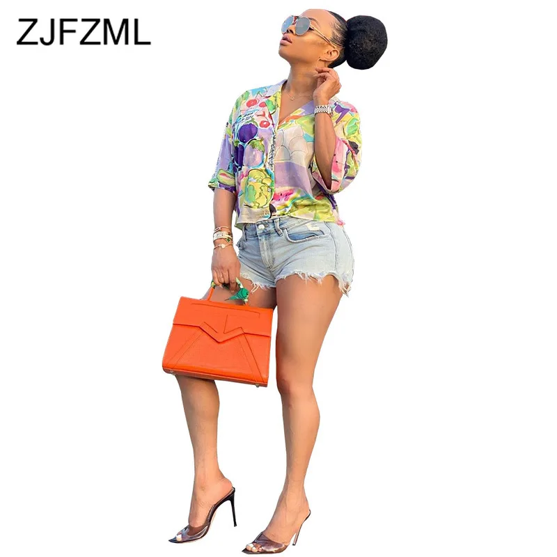 

Cartoon Character Print Casual Shirt Women Turn Down Collar Button Up Loose Tee Streetwear Female Three Quarter Sleeve Crop Tops