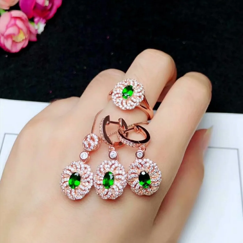 

SHILOVEM 925 sterling silver Natural diopside rings stud earrings pendants send necklace fine Jewelry gift 4*6mm yhtz040601agt