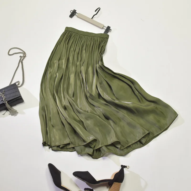 Шелковая сатиновая Длинная женская юбка, повседневная женская юбка, плиссированное шифоновое в Корейском стиле, пляжные летние юбки для женщин с эластичной талией - Цвет: Армейский зеленый