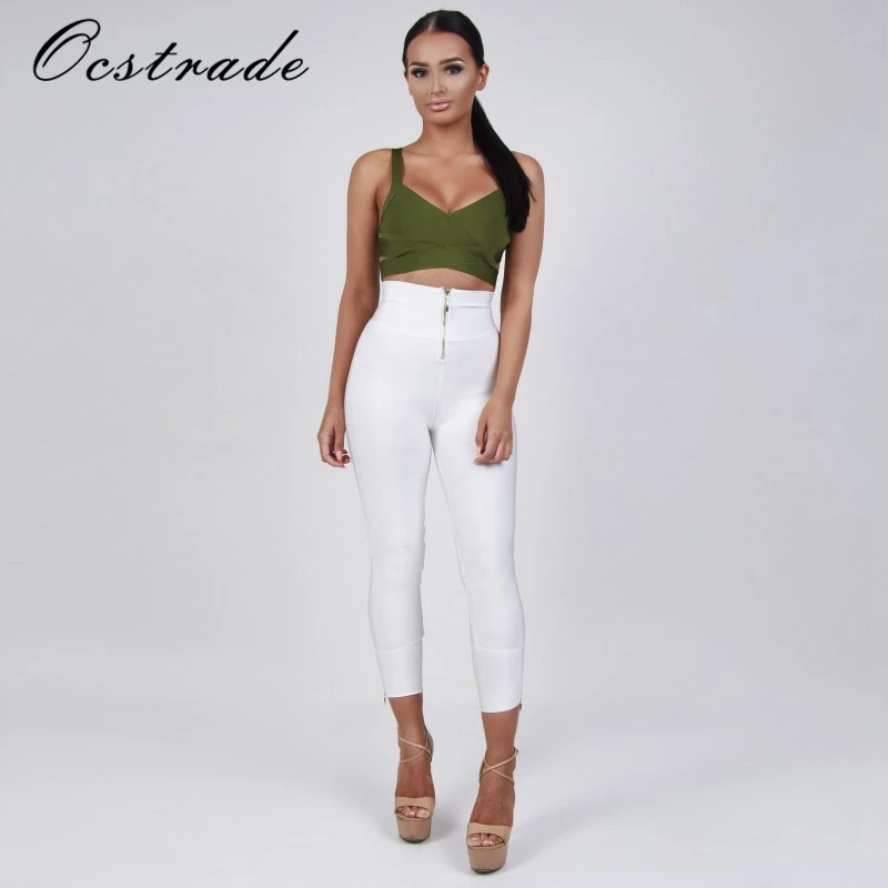 Ocstrade женские брюки Лето новые модные белые бандажные брюки леггинсы на молнии