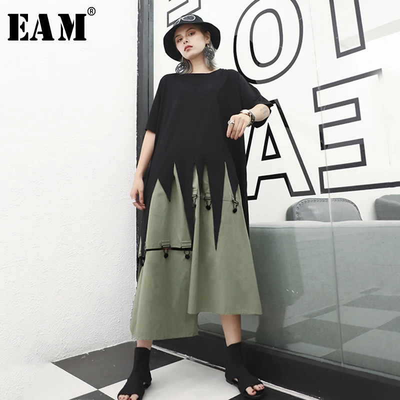 

[EAM] 2019 New Summer High Elastic Waist Metal Decoration Pockets Side Split Irregular Half-body Skirt Women Fashion Tide JY429