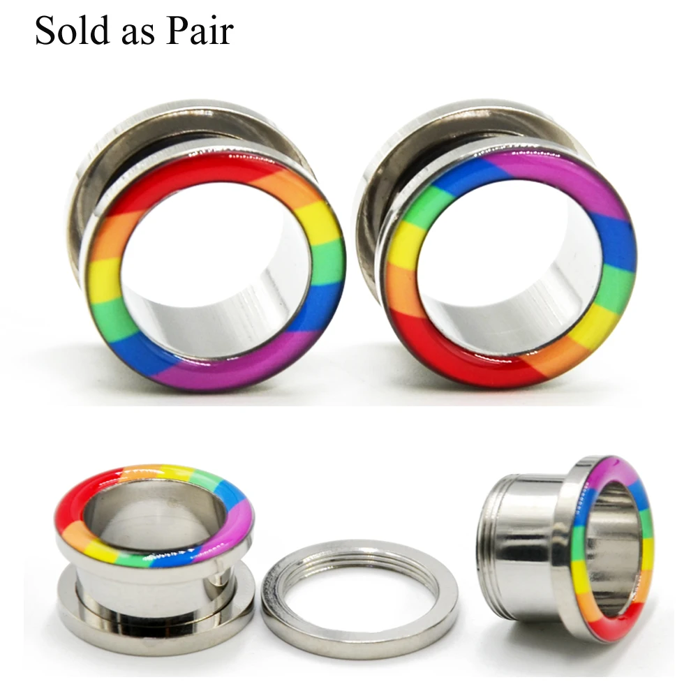 

2pc Surgical Steel Rainbow Epoxy Ear Screw Flesh Tunnel Plug PIercing Gauge Expander Stretcher Hollow Body Jewelry