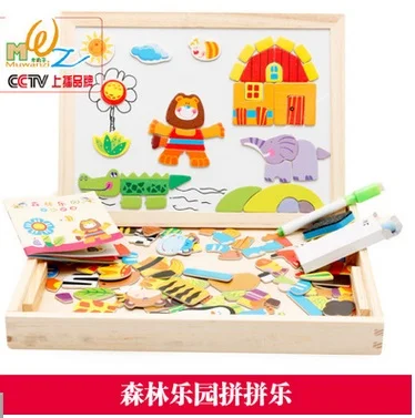 

Multifunctional Wooden Toys Educational Magnetic Puzzle Forest Children Kids Jigsaw Baby Drawing Easel Board