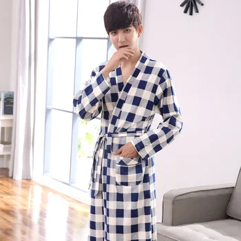 

Free Shipping Men Bathrobe Long Sleeve Nightgown 100%Cotton Bathrobe Big Size L-XXXXL Men's Nightwear