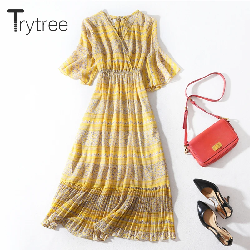 

Trytree Summer Autumn Casual Dress Women Print V-Neck Flare Sleeve Elastic Waist dresses A-Line Mid-Calf Vacation Style Dress