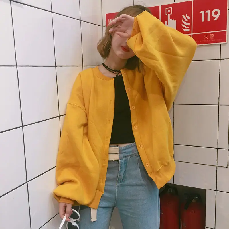 

[Free Shipping] South Korea 2019 spring new fashion women's clothing, Harajuku style loose sweatshirt Lantern sleeve cardigan