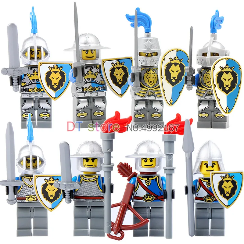 

8pcs Building Blocks Blue Lion Knight King Knight Medieval Castle Knight Armor Heavy Knight with Weapons Figures Bricks 9801