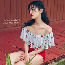 Женский купальник бикини с открытыми плечами и воланом, комплект бикини с высокой талией, топ с рюшами, купальники, купальные костюмы из двух предметов, пляжная одежда, красный цвет