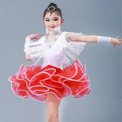 Обувь для девочек блесток бахрома Professional Латинская Сальса ча Бальные танцы Конкурс платья женщин костюм детей одежда