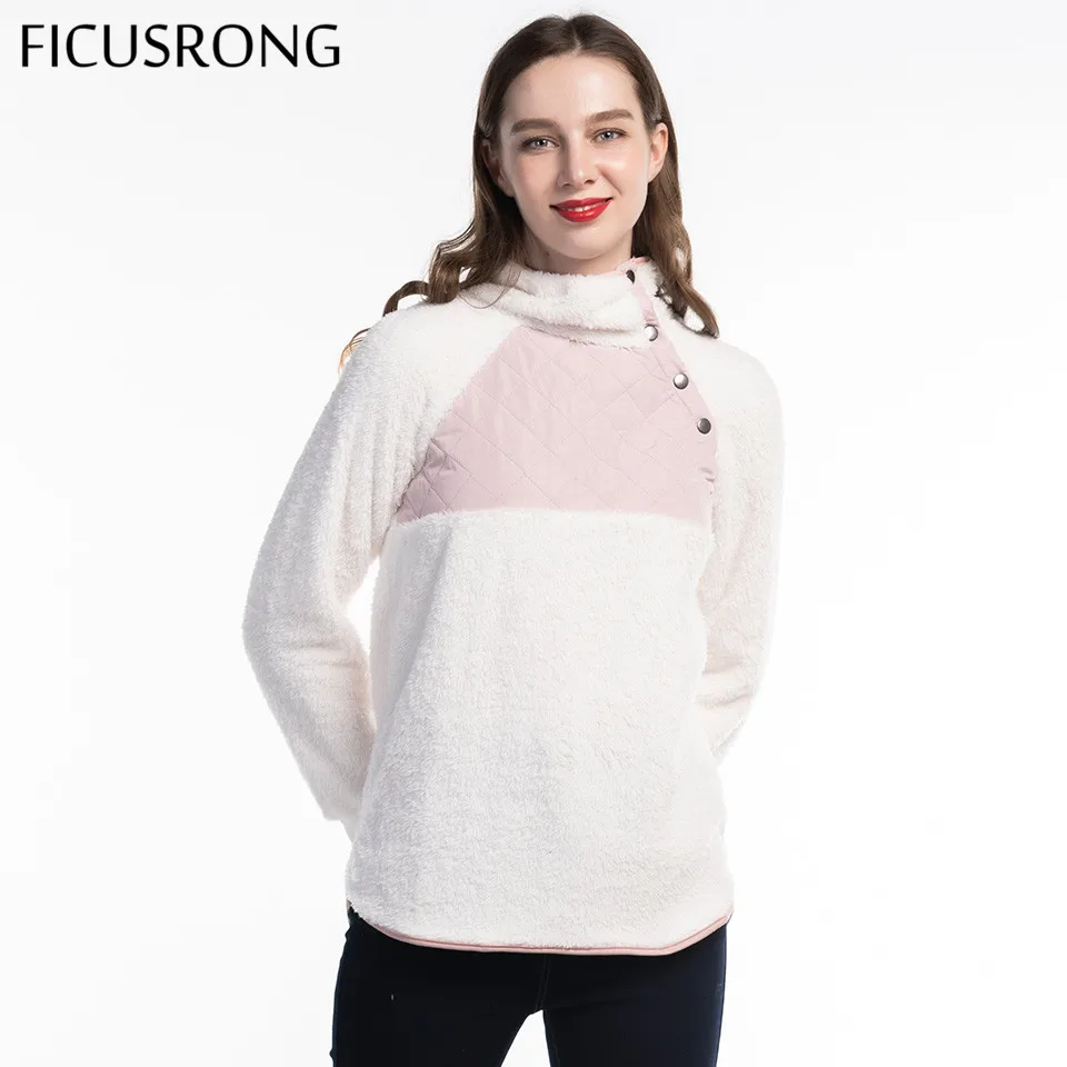 FICUSRONG New Women 2019 Hoodies Sweatshirt Spring Autumn Causal Plush Oblique Collar Patchwork Button Coat Female Pullovers FICUSRONG New Women 2019 Hoodies Sweatshirt Spring Autumn Causal Plush Oblique Collar Patchwork Button Coat Female Pullovers