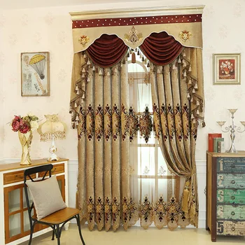 

Coffee Color Geometric Valance Luxury Blackout Curtains Jacquard For living Room Bedroom Embroidered Curtains Window Tulle Home