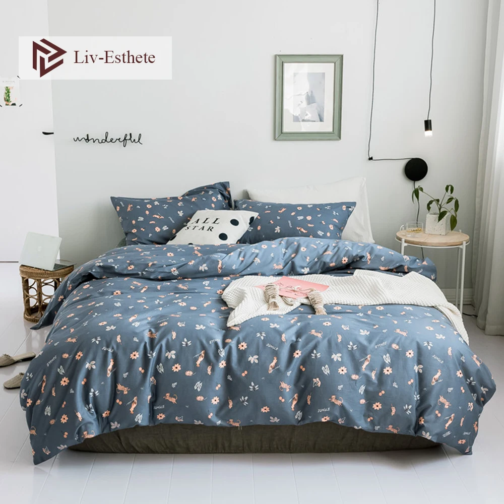 

Liv-Esthete Fashion Flower 100% Cotton Bedding Set Gray Duvet Cover Pillowcase Flat Sheet Double Queen King Bed Set Wholesale