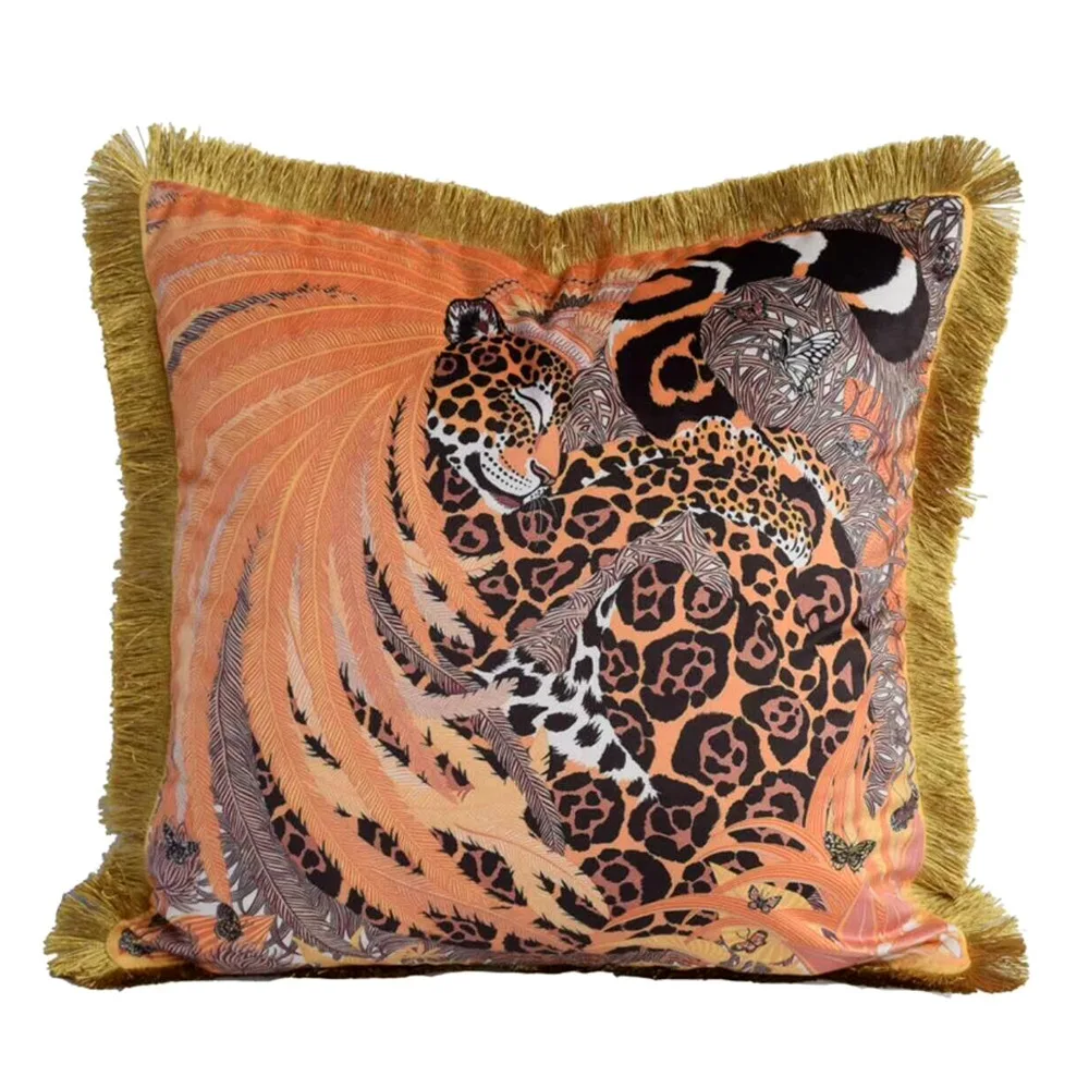 Luxury Velvet Tassel Cushion Cover Soft Double Printed Animal Pillow