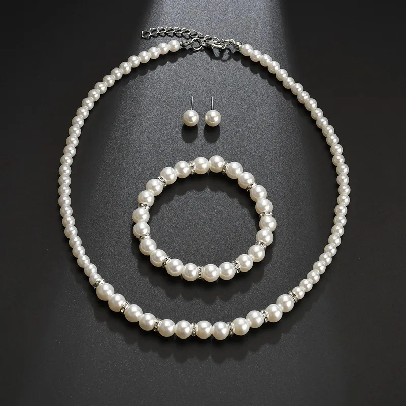 

3pc/set simple fashion elegant noble temperament Peal Chain Necklace Earring Bracelet Jewelry Sets Wedding Jewelry Women