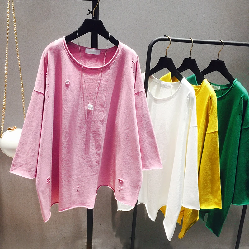 

2018 Holes Tshirt New Spring Women Korean Style Loose Simple Round Neck Hole T-shirt Long Sleeve Tee Leisure Home Top for Girls