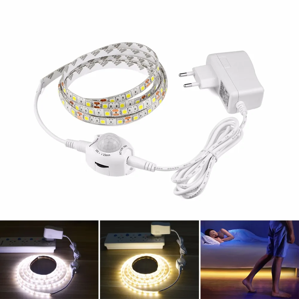 

AIMENGTE 1M/2M/3M/4M/5M PIR Sensor LED Strip Night light +Human Motion Sensor Switch+12V 2A Power Adapter Bed Cabinet light tape