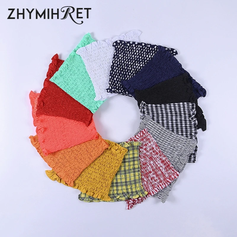 

ZHYMIHRET 2019 Summer Lettuce Edge Plaid Tube Top Neon Color Tank Top Festival Haut Femme Crop Top Women Debardeur Femme