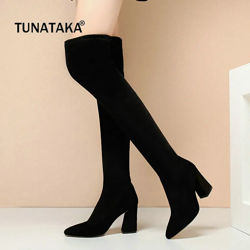 

Suede Hoof High Heel Woman Over The Knee Stretch Boots Fashion Slip On Party Thigh Boots Woman Balck Brown