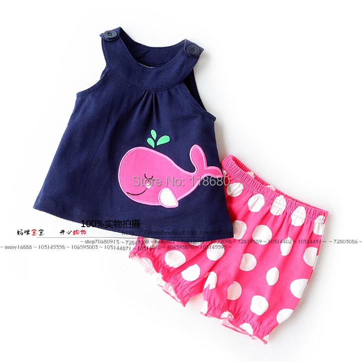 

New arrival 2014 baby & kids clothes sets baby girls fashion vest t-shirts + child dot shorts sets baby casual summer suit