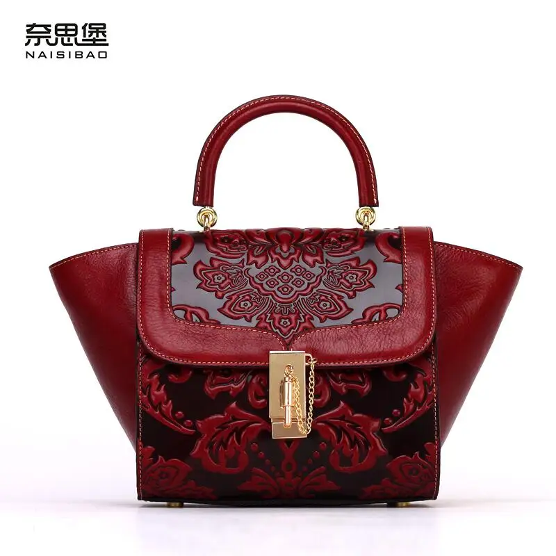 Famous brand top quality Cow Leather women bag Chinese style embossed