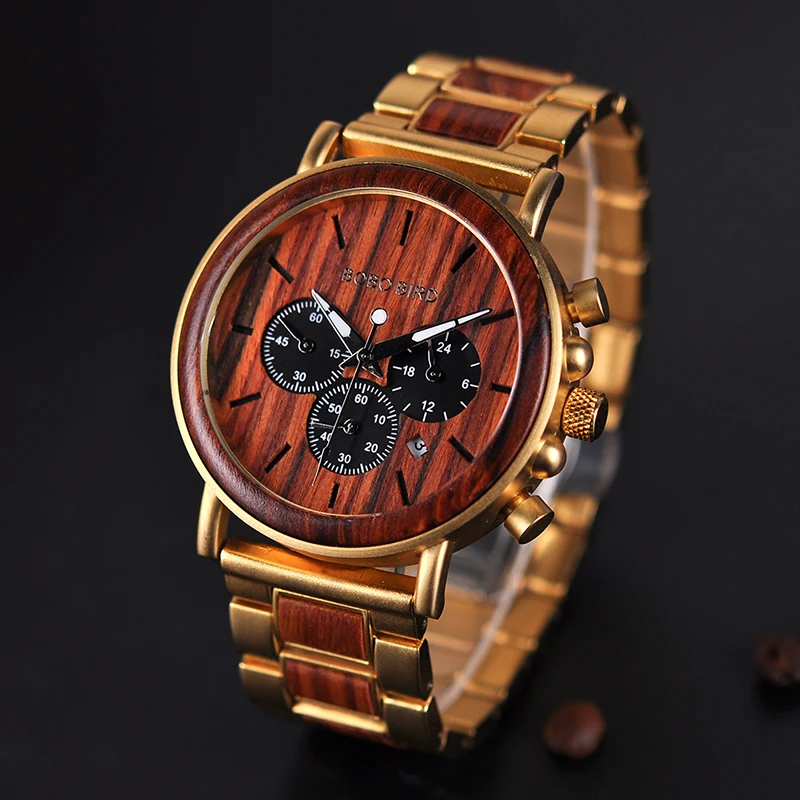BOBO BIRD Gold Watch Men Luxury Brand Wooden Wristwatches Date Display Stop Watches reloj golden hour