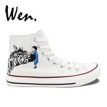 Вэнь для мужчин женщин дизайн с ручной росписью обуви пользовательские Зебра Белый высокие холщовые кроссовки животных граффити живопись кружево плимсоллы